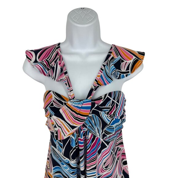 Trina Turk Abstract Print Sleeveless Dress W/ Ruffle Hem & Cutout Neckline Sz 6 - Picture 2 of 9